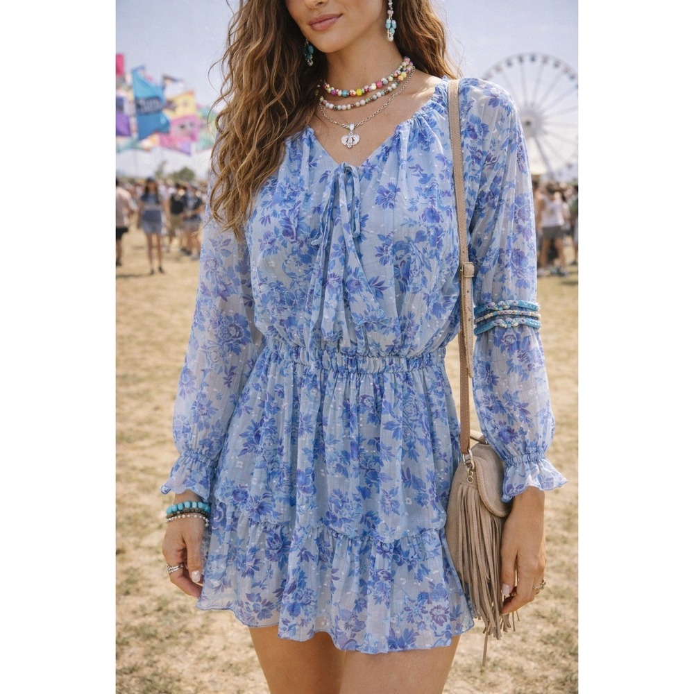 Peach Love California Floral Chiffon Dress Sm. Blue Boho Festival Cottagecore